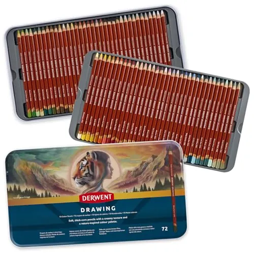 Derwent 2306558 - Lápices de Dibujo, Set de 72 en Lata, Mina Redonda de 5 mm, Textura Cremosa, Pensados para Dibujo Artístico y Colorear Resistente