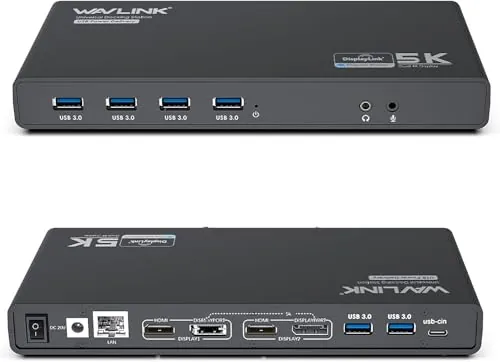 WAVLINK Estación de acoplamiento Displaylink, estación de acoplamiento universal USB C con 2 puertos HDMI y DP, PD de 65 W, Gigabit Ethernet, 6 puertos USB 3.0, audio, micrófono, compatible con Mac OS