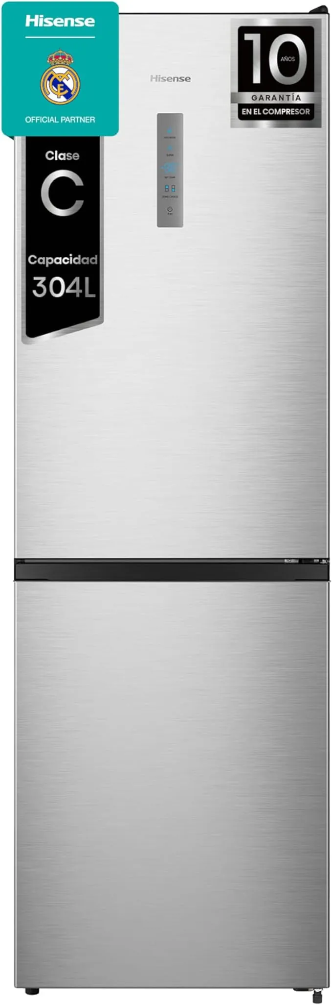 Hisense RB390N4BCC - Frigorífico Combi,No Frost, Inverter, Eficiente Clase C, Capacidad 304 L, 186 cm Al, Cajón Verduras, 4 Estrellas Congelador, Puerta Reversible, Silencioso 39dB, Color Blanco, Inox