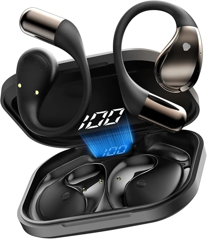 Auriculares inalambricos Deportivos, Bluetooth V6.0 lnalámbricos Cascos Hi-Fi Estéreo, 40H Llamada ENC HD Auriculares, Pantalla LED, IP7 Impermeable Auriculare Oreja Abierta para Sport/Running, Negro