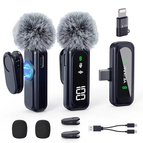 YEJATA - Micrófono inalámbrico con pantalla digital de batería, cancelación de ruido omnidireccional de 360°, alcance de 30 m, pinza giratoria, para iPhone 15/16, Android, PC, iPad y tableta