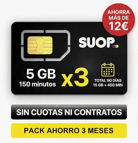 Tarjeta SIM Prepago: Pack Ahorro 3 Meses. Incluye 5 GB y 150 Minutos al Mes Durante 90 días. Total: 15 GB + 450 min. Sin cuotas fijas ni Cuenta bancaria. Cobertura 5G.