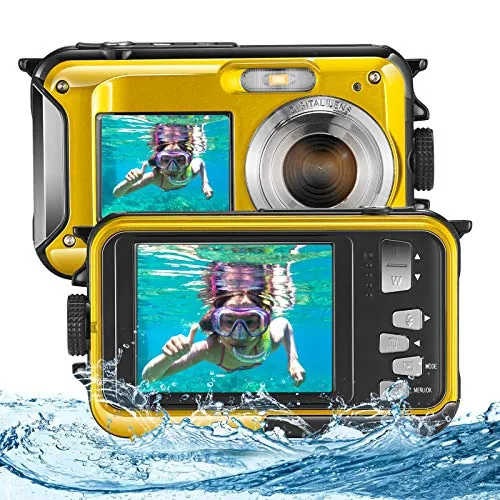 Aomdom Cámara Digital a Prueba de Agua, Full HD 2.7K 24MP Camara Acuatica Sumergible Zoom Digital 16X Camara Fotos Acuatica Niños Pantallas Duales antivibración para bucear con esnórque Giallo