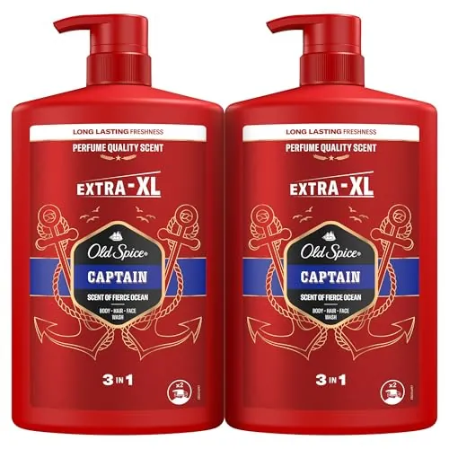 Old Spice Captain Gel De Ducha Y Champú Para Hombres 2x1000ml, Gel Para Cara, Cuerpo Y Pelo 3 En 1 Multiusos, Frescura Duradera, Fragancia Excepcional, Limpieza Profunda
