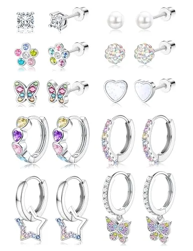 LOLIAS 10 Pares Pendientes Niña Hipoalergenicos Acero Inoxidable Pendiente Aro Plata Pendiente con Flor Mariposa Corazón Perlas Estrella Pendientes Bebe Niña Mujeres Multicolor