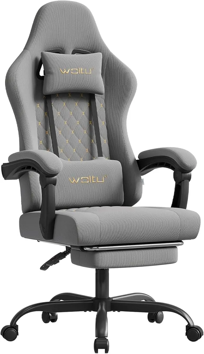 WOLTU Silla Gaming Ergonómica, Silla Oficina con Soporte Lumbar Masaje y Reposapiés Extraible, Silla Giratoria con Gran Asiento de Muelle, Capacidad de 150 kg, Tela de Malla, Gris+Amarillo