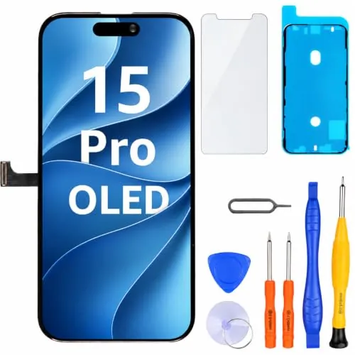 LL TRADER Pantalla para iPhone 15 Pro 6.1" OLED Reemplazo y Kits | Retina OLED pantalla táctil 3D Touch digitalizador marco montaje con cinta adhesiva impermeable, protector (programable