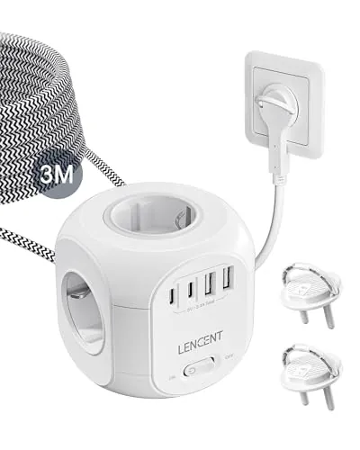LENCENT 3M Cubo Regleta con Enchufe Plano, Alargador Enchufe Plano con 4 Tomas de CA, 2 USB-A, 2 USB-C y 2 Cubiertas Protectoras, Regleta de Viaje para Hogar, Cocina y Oficina