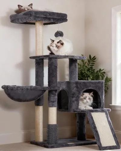 Heybly Rascador para Gatos, El Cepillo de Autolimpieza, El Árbol para Gatos Domésticos, con Peluche Liso, Silla de Descanso, Nido de Gato con Panel y Postes de Raspado, Gris Ahumado HCT005SG