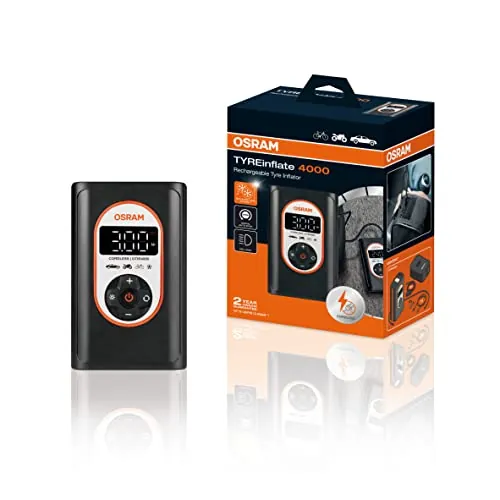 OSRAM TYREinflate 4000, compresor de neumáticos Recargable e inalámbrico, 12V compresor de Aire Digital programable con Parada automática y luz LED, inflado de neumáticos en 3,5 min.
