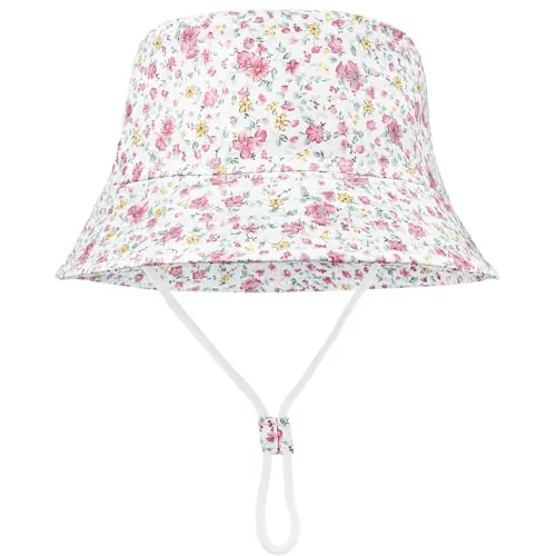 FenFang Sombrero de Sol Verano Bebés, Gorro Pescador Playa Algodón Niñas Niños, Unisexo Sombreros ala Ancha UV Protección Exteriores Viajes 1 2 3 4 Años (2-4 Años, Flor Rosa)