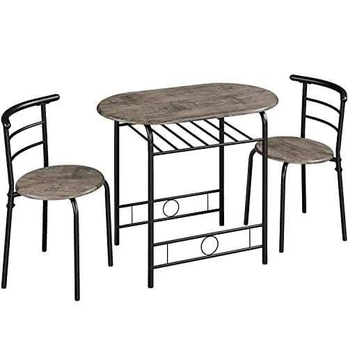 Yaheetech Juego de Comedor de 3 Piezas con Estante para Vinos, Mesa y 2 Sillas para Cocina, Muebles Ahorro de Espacio con Almacenaje, Medidas 90 x 53 cm, Estilo Moderno Gris Oscuro