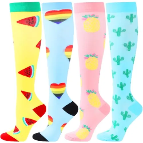 BISOUSOX 4 Pares Medias Calcetines de Compresión Mujer Hombre 15-20 mmHg Calcetines de Compresión Hasta la Rodilla Unisexo Calcetines de Ciclismo Correr Deporte Regalos para Mujeres Embarazadas