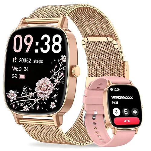 Reloj Inteligente Mujer con Llamadas Bluetooth y WhatsApp, Smartwatch Mujer Elegante con 2 Correas, Pantalla HD 1,85", Frecuencia Cardíaca, Sueño, SpO2, 120+ Deportes, IP68, Compatible Android iOS