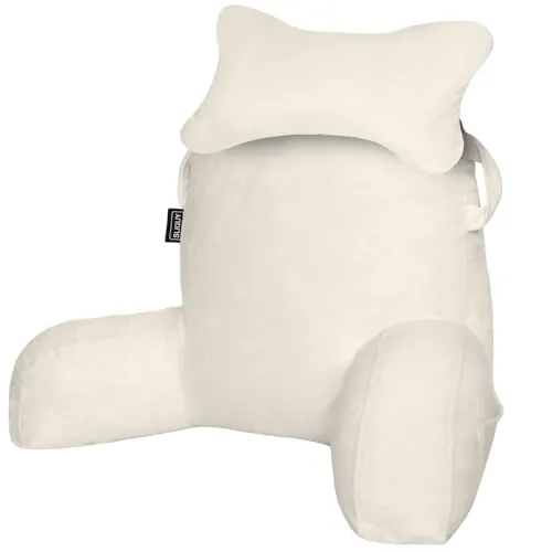 SLIGUY Almohada de Lectura para Adultos, Almohada Trasera con Bolsillos, Sillón Cama con Almohada Trasera para Que los Adultos Descansen en la Cama, Leyendo, Viendo la televisión, Jugando para Beige