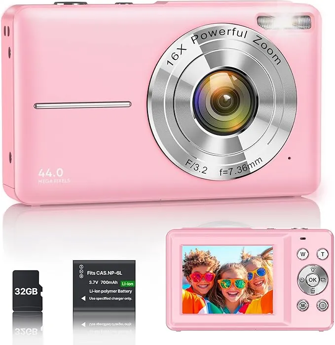 Cámara Digital 1080P 44MP Cámara de Vlogging para Niños Adolescentes, FHD Compacta Portátil con Pantalla de 2,4" Zoom 16X, Mini Cámara Anti-vibración para Principiantes Estudiantes-Rosa