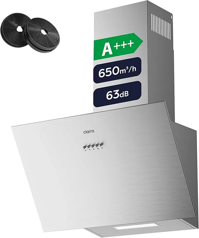 CIARRA CBCS6762A A+++ Extractora Campana 60cm Recirculación 650m³/h Extractor Cocina de 3 Velocidades con Filtro de Carbón Activo CBCF003 Bonete de Recirculación Acero Inoxidable Plata