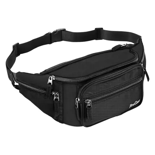 ProCase Riñonera Negra para Hombre Mujer, Bolso de Cintura Deportiva al Aire Libre con Cinturón Regulable y Hebilla Rápida para Viaje, Senderismo, Correr, Entrenamiento -Negro