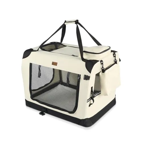 VOUNOT® Transportín Perro Gato S 50x35x36cm, Bolsa Transporte Transpirable Mascotas con Bolsillos Alfombrilla Extraíble Tira Reflectante, Caja Plegable Transportadora Portador de Viaje Mascotas, Beige