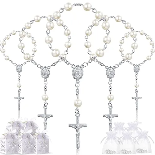 Otuuz Set 50 Paquetes de Favor de Bautismo Rosario de Bautismo Cuenta de Rosario de Acrílico Perla Falsa con Bolsa de Organza y Cruz Caja de Favor Bautizo con Cinta (Pulsera de Perlas Plateada)