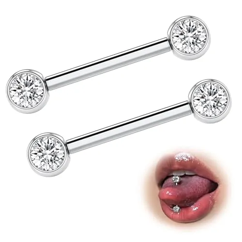 ESHIONER G23 Titanio Piercing de Lengua Piercing Pezón Piercing Pezon 14G 12mm Longitud 4mm CZ Barbell Piercings Rectos Piercing Joyería Mujeres Hombres 2 Piezas