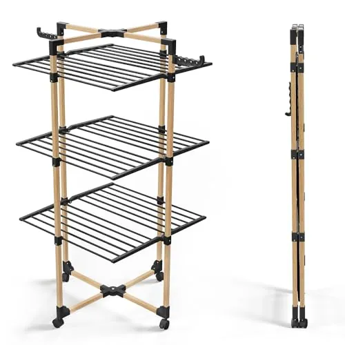 VOUNOT® Tendedero de Pie de Torre 3 Niveles, Tendedero Vertical 25m de Tendido Secadora Plegable Ahorra Espacio con Ruedas y Ganchos Laterales, Rejilla de Secado Aspecto de Madera, 69x136x69 cm, Negro