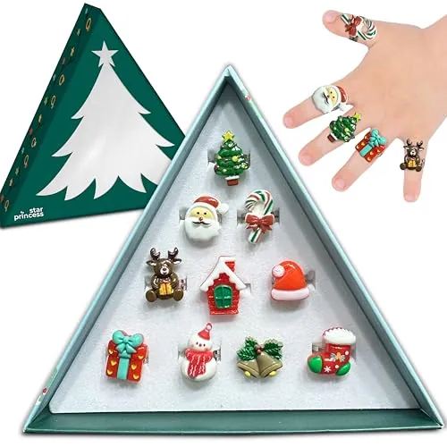 Star Princess: Juego de 10 anillos ajustables de Navidad con temática navideña para niñas, en caja de regalo de árbol de Navidad, para niñas de 3 a 8 años, Resina Metal, Sin piedras