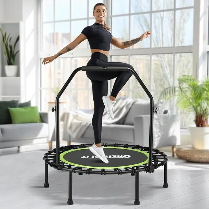 ONETWOFIT Trampolín Plegable para Adultos 101/107/114cm, Mini trampolín de Fitness, con Mango de Espuma Ajustable, elásticos, Ejercicio silencioso para Interior Personal