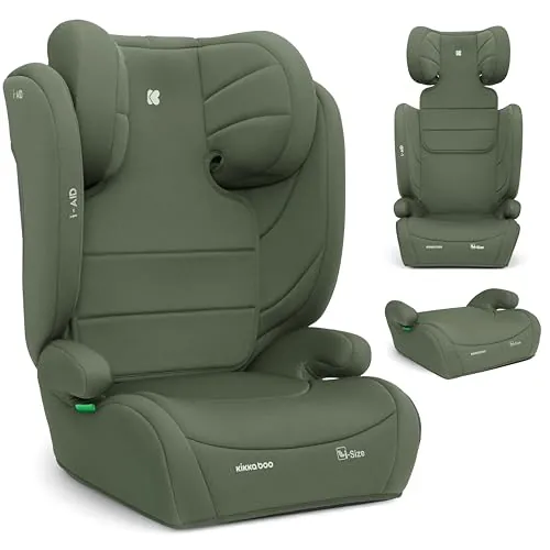 KikkaBoo Silla Coche Grupo 3 (15-36 kg, 100-150 cm) i-AID, Silla Para Niño sin ISOFIX, i-Size, De 3,5 a 12 Años, 13 Posiciones Reposacabezas, Verde Militar