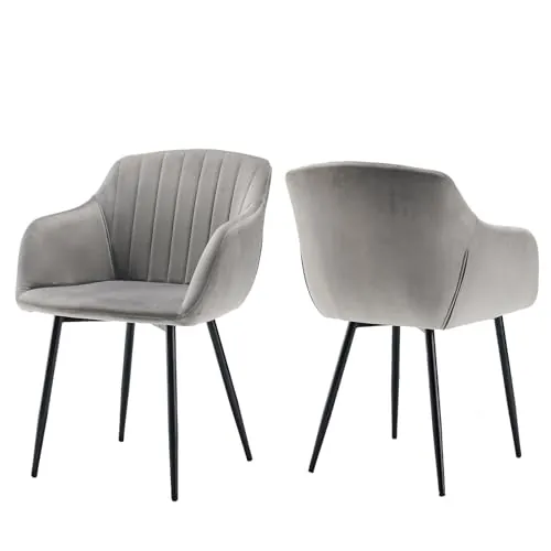 Goeurvant Pack de 2 Sillas de Comedor con Reposabrazos, Sillas Tapizadas de Terciopelo con Patas Metálicas, Modernas Sillón para Salón y Cocina, Gris Claro