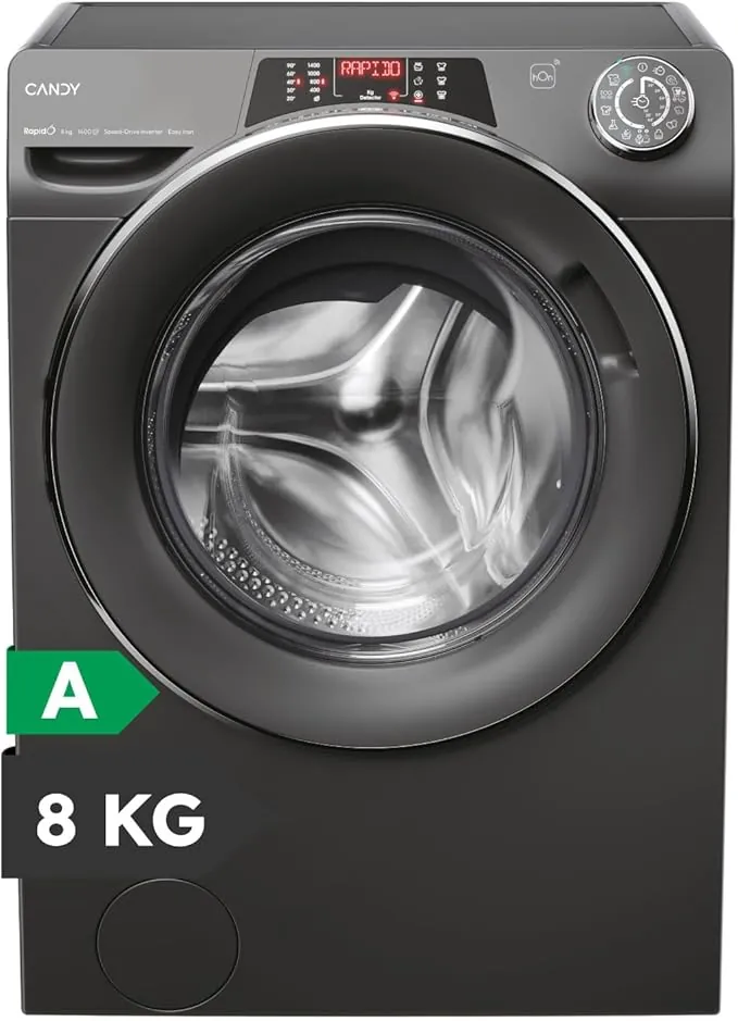 Candy RapidO RO1484DWMCRT/1-S Lavadora 8 KG, 1400 RPM,Pantalla Smart Text, Panel Smart Touch, Wi-Fi, Snap & Wash, 16 Ciclos, 9 Rápidos,Motor Inverter,Función Vapor,Inicio Diferido 24H, 76 DB,Antracita