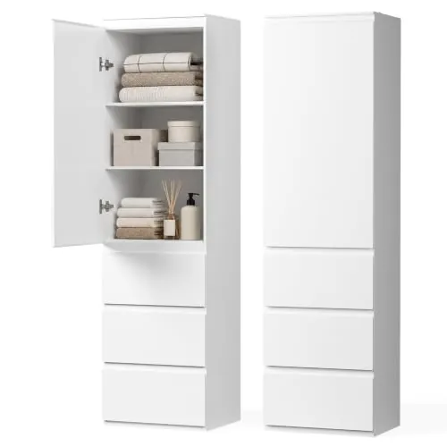 Xbro Armario Dormitorio Ropero con 1 Puertas y 3 Cajones, Blanco | Armario Ropa con Almacenamiento zonificado, 181 x 40 x 50 cm, Dispositivo Anti Vuelco