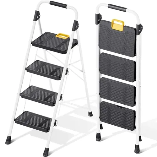 KINGRACK Escalera Plegable 4 Peldaños, Carga hasta 150 kg, con Bloqueo de Seguridad, Pedales Anchos Antideslizantes, Pasamanos, Escalera Doméstica Ligera de Acero Hogar Cocina Oficina Armarios, Blanco