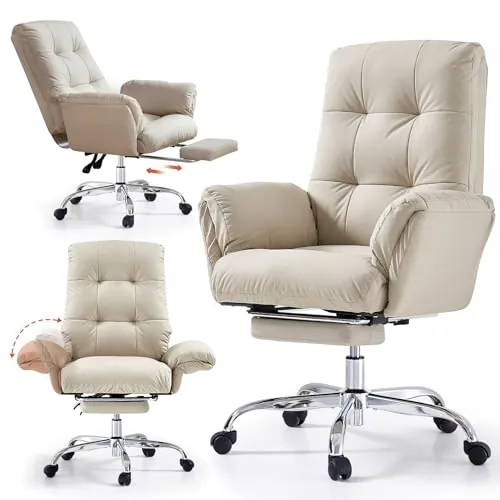 EMIAH Silla de Oficina Ergonómica con Reposabrazos Abatibles,Cuero PU,Beige