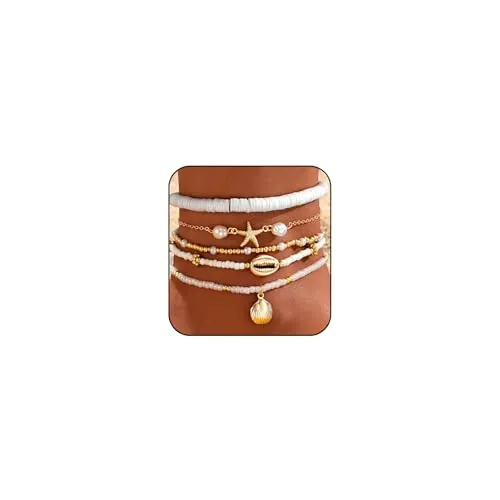 Kabwea 5 Pares de Tobilleras Boho Ajustables de 14K con Perlas, Tobilleras para Mujeres, Cadena para el Tobillo en Oro