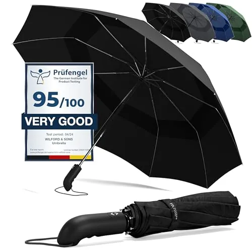 Paraguas Plegable con Teflón Impermeable - Abrir y Cerrar Automático con 9 Varillas a Prueba de Viento hasta 140km/h – Robusto Pequeño Ligero Resistente para Adultos, Hombres y Mujeres, Negro