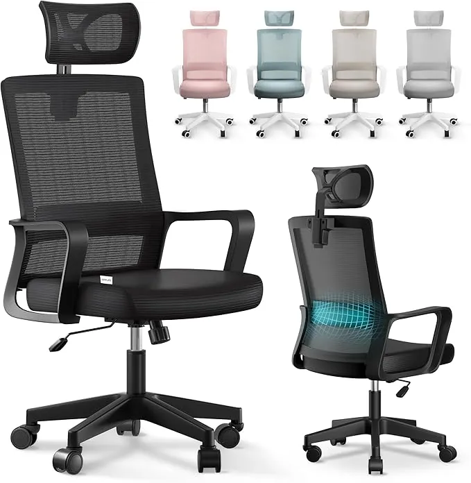 JUPPLIES Silla Escritorio Ergonomica - Silla Oficina Ajustable y Reclinable con Soporte Lumbar, Reposacabezas Ajustable, Malla Transpirable, Ruedas Giratorias 360° Soporta hasta 120kg (Negro)