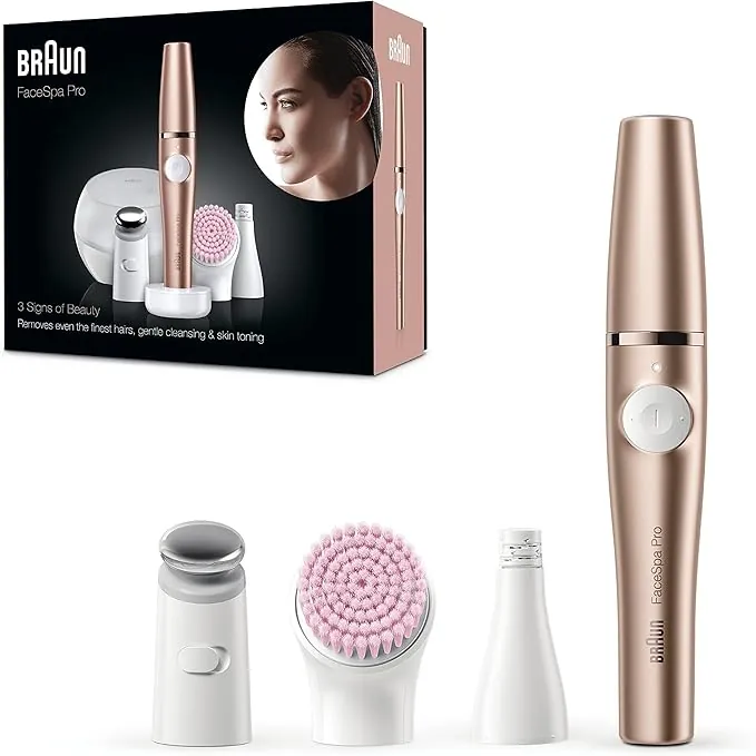 Braun FaceSpa Pro Depiladora Eléctrica Facial Mujer Todo en 1 con Cepillo de Limpieza, Base de Carga, Funda Portátil, Inalámbrica Y Resistente al Agua, 921, Bronce
