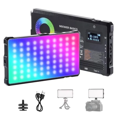 NEEWER Basics Luz Video RGB Foco Cámara, 9W 2700K-7500K Portátil Colores RGB Completos, 17 Escenas CRI97 4000mAh Recargable Panel LED Metal para Cámaras DSLR Trípode Grabación Video Streaming, SL90C