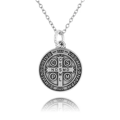 Collar con Medalla San Benito en plata - Colgante de San Benito de 20mm con cadena - Amuletos de Proteccion - Se presenta en una cajita Hand Made (Con Cadena)