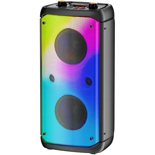Altavoz Bluetooth, altavoces para exteriores con potencia máxima de 80 W, Bluetooth inalámbrico, altavoces portátiles TWS para fiestas con subwoofer, graves profundos, luces LED de colores (Negro)
