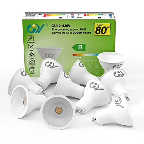 GY 4.9W Bombilla GU10 LED 3000K Blanco Cálido 780LM (Equivalente a 80W), No Regulable, 110 Grados Ángulo de haz - Bombilla Bajo Consumo Clase B, No Parpadean Bombillas LED GU10 Pack de 10