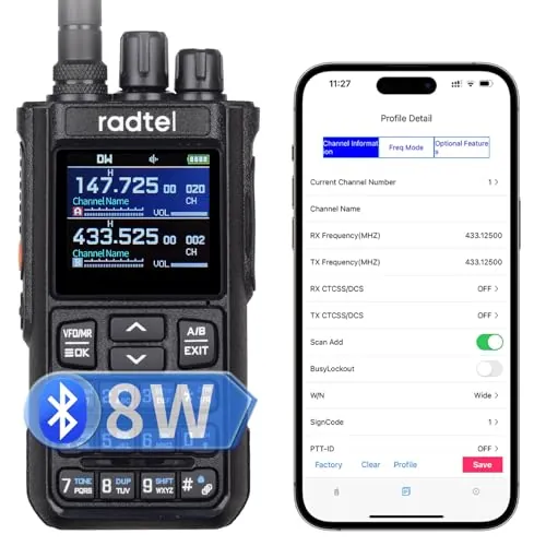 Radtel RT-900 Walkie Talkie Portátil 8W Multi-Banda con Reducción de Ruido, Radio VHF/UHF de 256 Canales, NOAA, Marina, Batería de 2200mAh, Sintonización de Frecuencia, Aviación, App-Pro.
