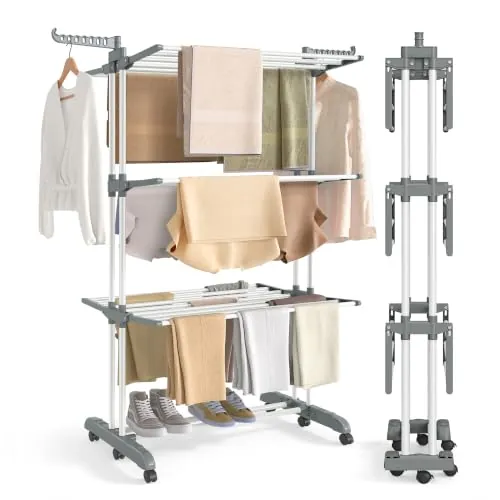 SONGMICS Tendedero Plegable de 4 Niveles, con Ruedas, Alas Plegables, 63,5 x 125,5 x 173 cm, Gran Capacidad, Montaje Fácil, Uso Interior y Exterior, Blanco Nube y Gris Paloma LLR703WZ02