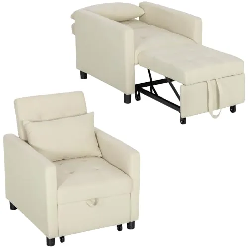 HOMCOM Sofá Cama de 1 Plaza 3 en 1 Sillón Cama 69x82,5x84 cm Beige | Tapizado en Lino, Respaldo Ajustable de 3 Niveles, Almohada Acolchada, Dormitorio, Salón