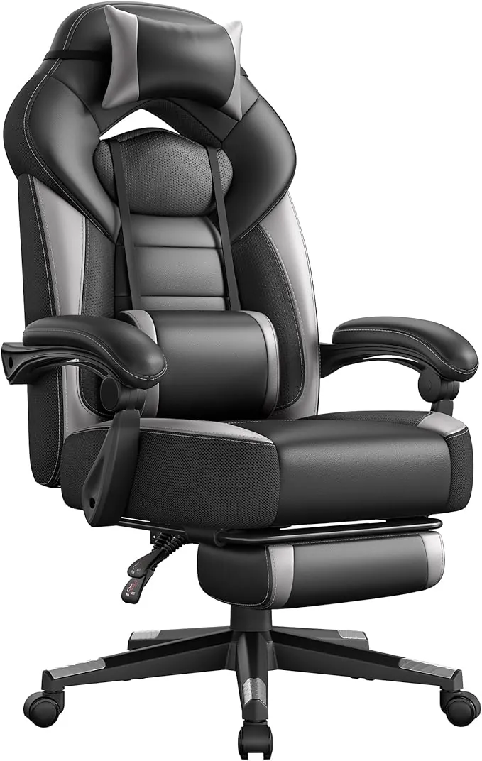 SONGMICS Silla Gaming, Silla de Oficina, Ordenador, Diseño Ergonómico, con Reposapiés, Reposacabezas Ajustable, Cojín Lumbar, Capacidad de Carga 150 kg, Gris y Negro OBG77BG