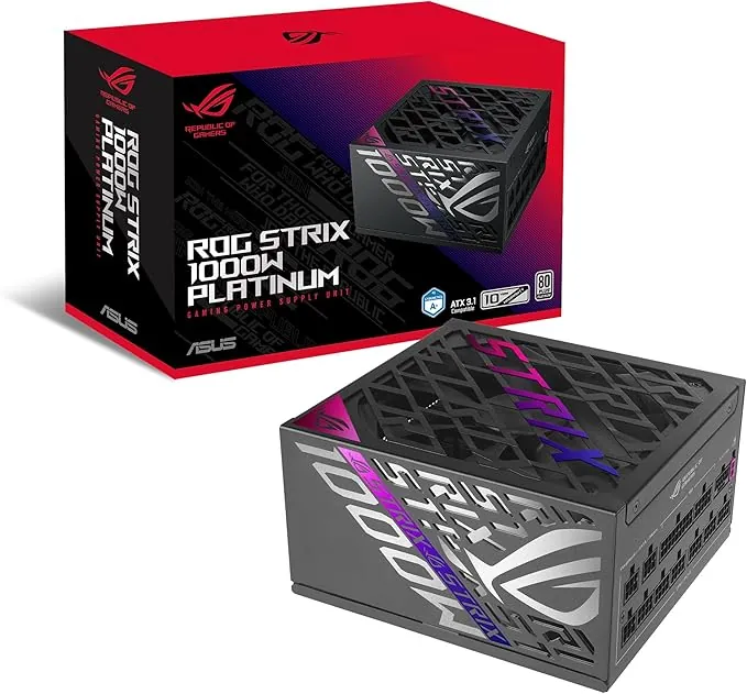 ASUS ROG Strix 1000W Platinum - Fuente de alimentación Totalmente Modular, 80 Plus Platinum, ATX 3.1, Cybenetics Lambda A+, GAN MOSFET, GPU-First Intelligent Voltage Stabilizer, 10 años de Cobertura