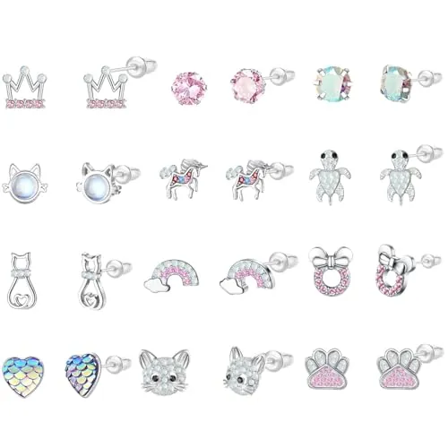 Jagosen 12 Pares Pendientes Bebe Niña Mujer Plata De Ley Antialergicos Kit Pendientes Multicolore CZ Pendientes Gato Joyas Niña 12pairs