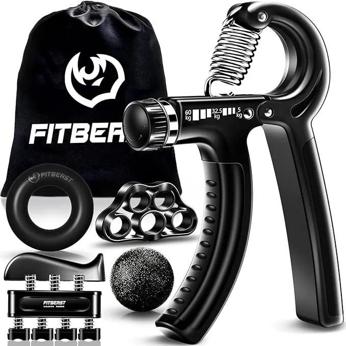 FitBeast Hand Grip para Antebrazo Ejercitar – Paquete de 5 Piezas, Fortalecedor de Agarre de Manos Ajustables, Ejercitador de Manos, para Estirar Los Dedos, Anillo para Entrenar y Pelota Anti Estrés
