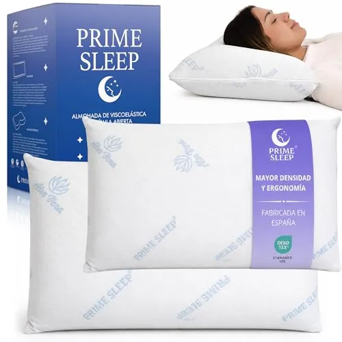 PRIME SLEEP Almohada Viscoelástica Pack 75 cm Alta Densidad 51kg/m³ Aloe Vera| Núcleo Viscoelástico Célula Abierta Transpirable | Firmeza Media | Soporte Estable Durante Toda la Noche